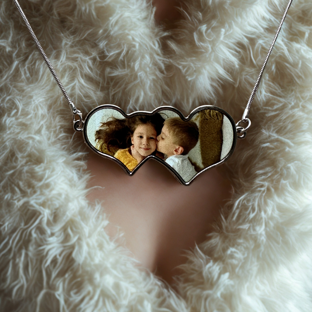 Foto ketting met dubbel hart hanger