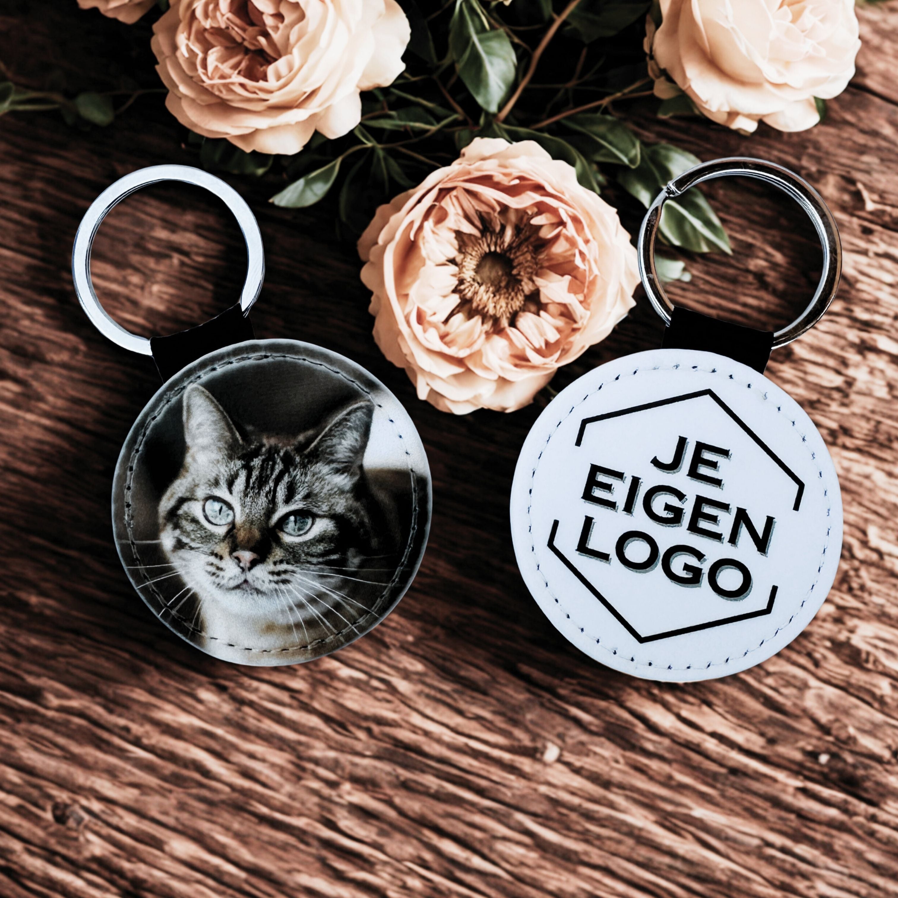 Leren ronde sleutelhanger met een eigen foto of logo